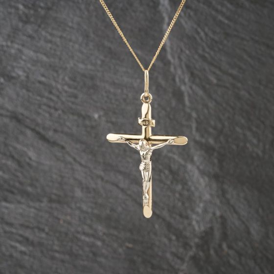 Second Hand 9ct Two Colour Gold Crucifix Cross Pendant & 18 Inch Curb Chain 41143115