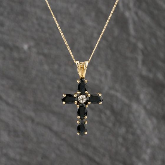 Second Hand Yellow Gold Sapphire & 0.05ct Diamond Set Cross Pendant & 18 Inch Curb Chain 41143119