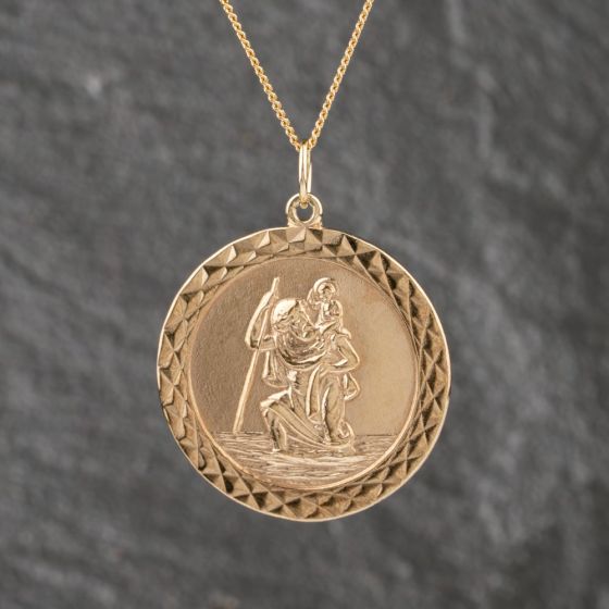 Second Hand 9ct Yellow Gold Round St Christopher Pendant & 18 Inch Curb Chain 41143125