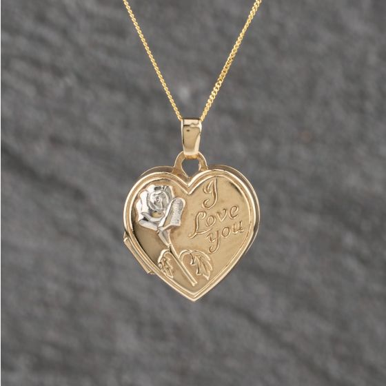 Second Hand 9ct Two Colour Gold I Love You Heart Locket Pendant & 18 Inch Curb Chain 41143128