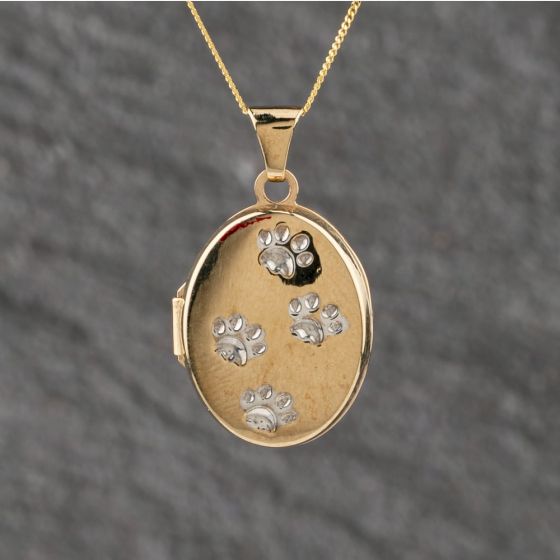 Second Hand 9ct Two Colour Gold Paw Prints Oval Locket Pendant & 18 Inch Curb Chain 41143129