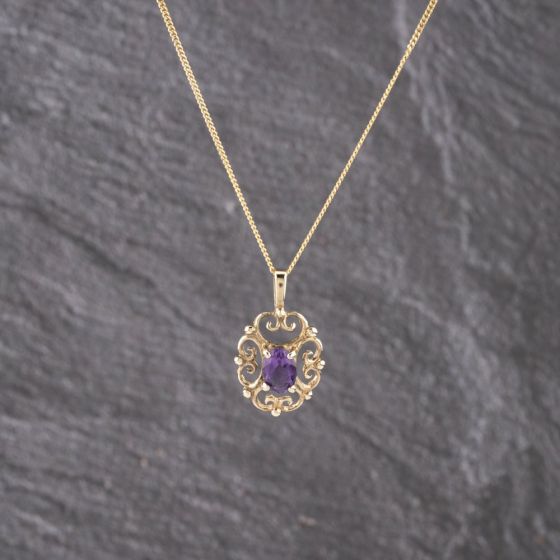 Second Hand 9ct Yellow Gold Amethyst Oval Filigree Pendant & 17 Inch Curb Chain 41143161