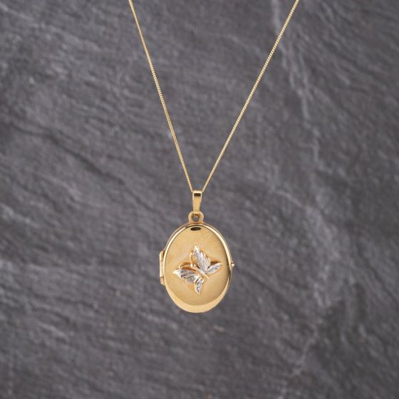 Second Hand Vintage 9ct Two Colour Gold Oval Relief Butterfly Locket Pendant & 18 Inch Curb Chain 41143169