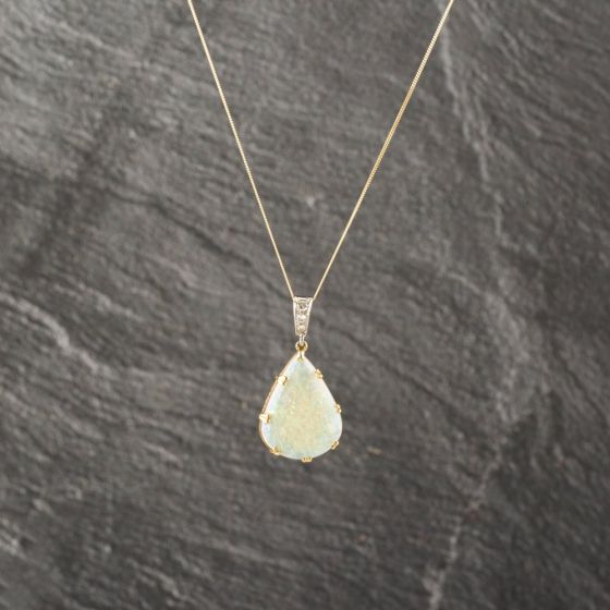 Second Hand 18ct Two Colour Gold Opal & 0.03ct Diamond Tear Drop Pendant & 18 Inch Curb Chain 41143179