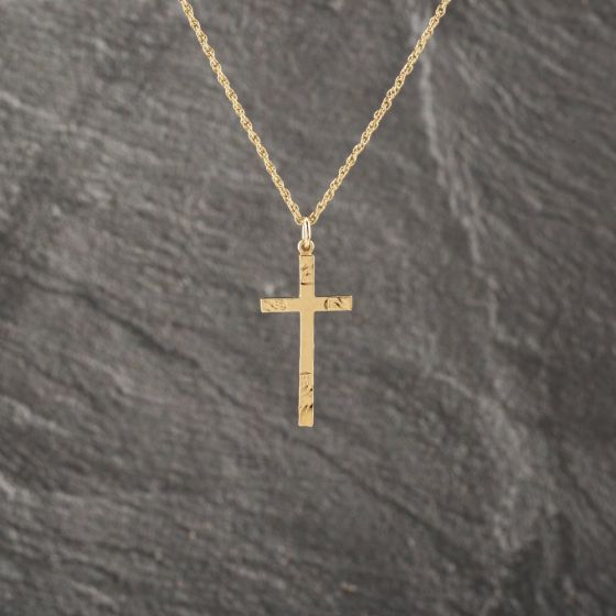Second Hand 9ct Yellow Gold Engraved Cross Pendant & 18 Inch Prince Of Wales Chain 41143181