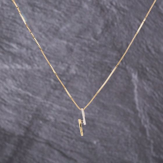 Second Hand 9ct Yellow Gold 0.02ct Brilliant Cut Double Bar Dropper Pendant & 18 Inch Box Chain 41143187