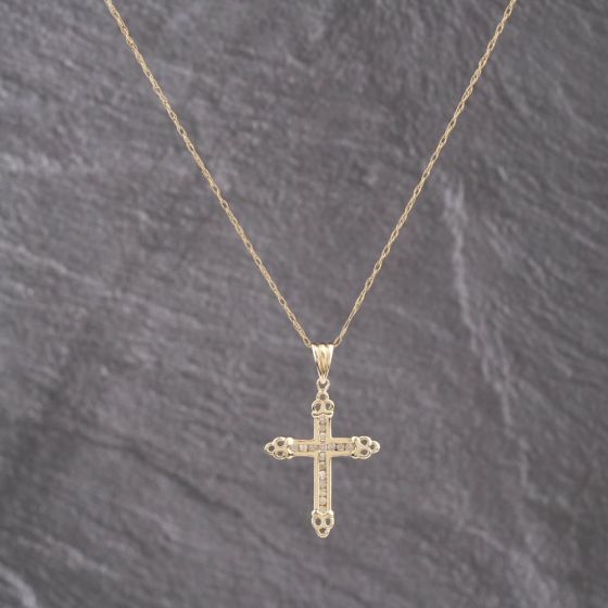 Second Hand 9ct Yellow Gold 0.25ct Diamond Set Cross Pendant & 20 Inch Prince Of Wales Chain 41143188