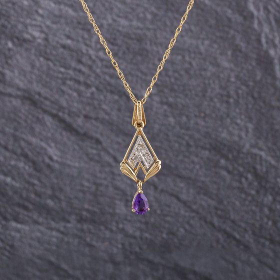 Second Hand 9ct Yellow Gold Amethyst & 0.03ct Diamond Fan Dropper Pendant & 18 Inch Prince Of Wales Chain 41143189