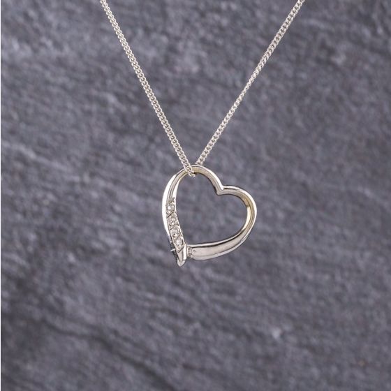 Second Hand 9ct White Gold 0.02ct Diamond Open Heart Slider Pendant & 15 Inch Curb Chain 41143191