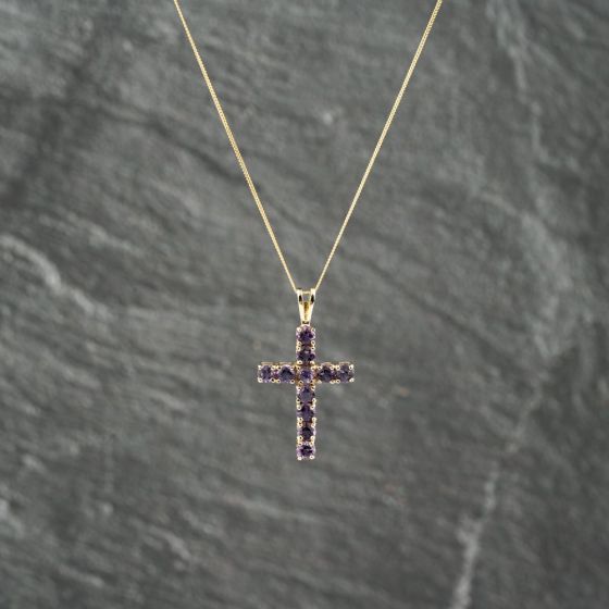 Second Hand 9ct Yellow Gold Amethyst Set Cross Pendant & 18 Inch Curb Chain 41143201