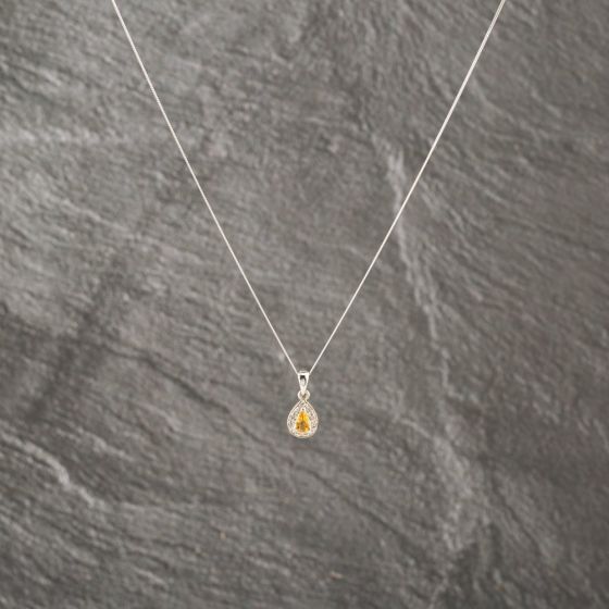 Second Hand 9ct White Gold Citrine & 0.05ct Diamond Pearshaped Dropper Pendant & 18 Inch Curb Chain 41143225