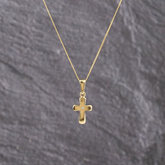 Second Hand Yellow Gold Cubic Zirconia Set Cross Pendant & 18 Inch Curb Chain 41143240