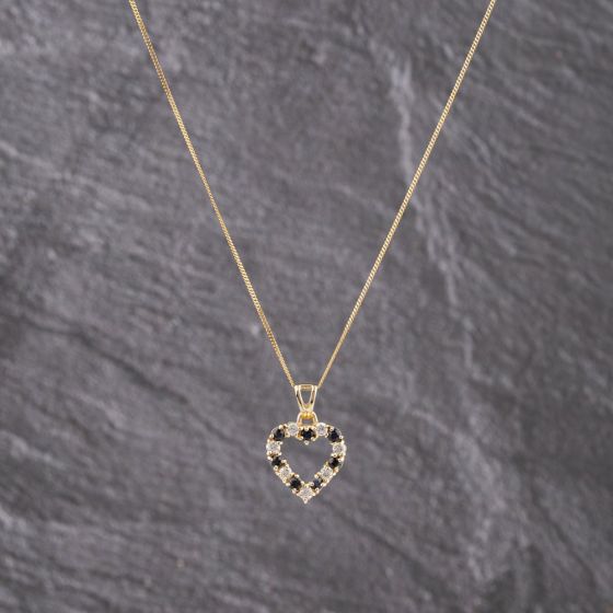 Second Hand 9ct Yellow Gold Sapphire & Cubic Zirconia Heart Pendant & 18 Inch Curb Chain 41143246