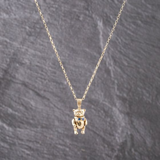 Second Hand 9ct Yellow Gold Cubic Zirconia Set Moveable Teddy Bear Pendant & 17 Inch Belcher Chain 41143248