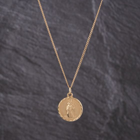 Second Hand 9ct Yellow Gold Round St Christopher Pendant & 18 Inch Curb Chain 41143253