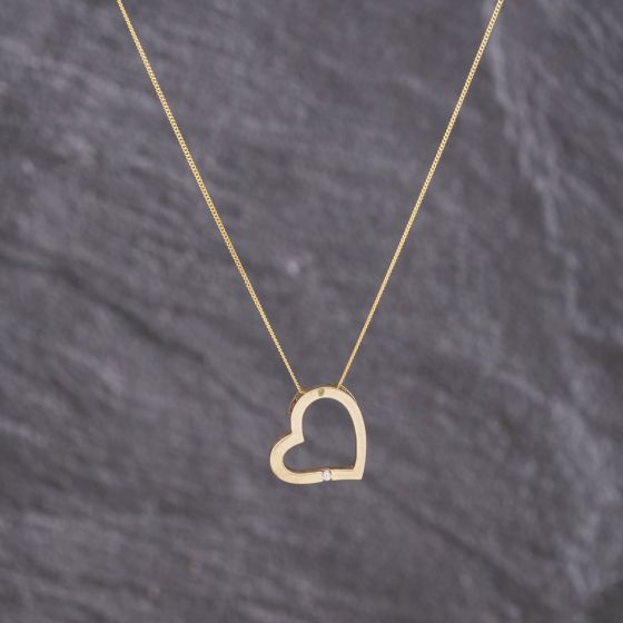 Second Hand 9ct Yellow Gold Cubic Zirconia Openwork Heart Slider Pendant & 18 Inch Curb Chain 41143261