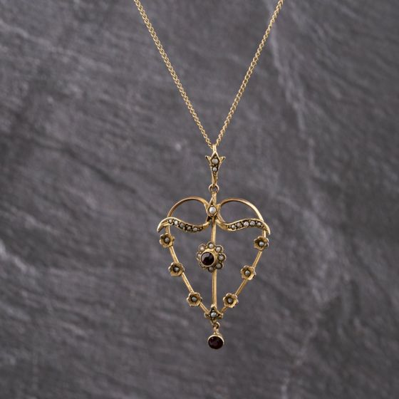 Second Hand Antique Yellow Gold Ruby & Seed Pearls Open Work Heart Gemstone Pendant & 18 Inch Curb Chain 41143268
