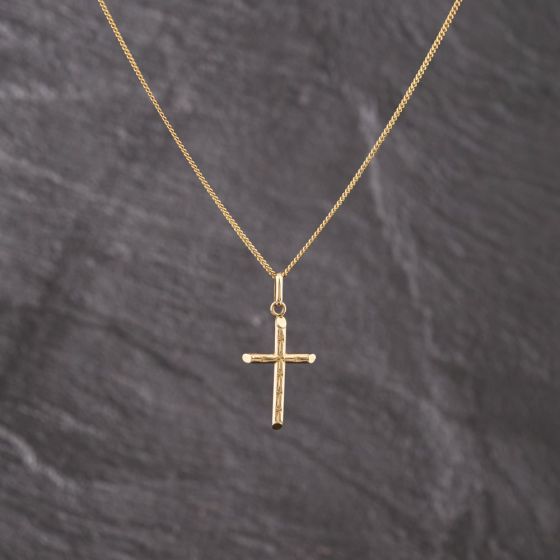 Second Hand 9ct Yellow Gold Engraved Cross Pendant & 16 Inch Curb Chain 41143287