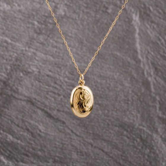 Second Hand 9ct Yellow Gold Oval Engraved Locket Pendant & 16 Inch Trace Chain 41143292