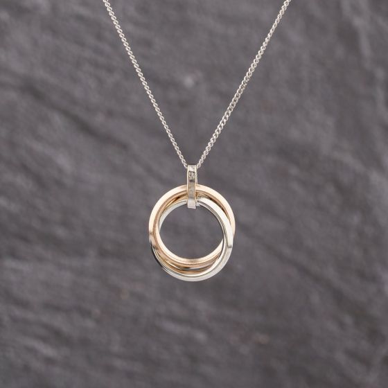 Second Hand 9ct Two Colour Gold Cubic Zirconia Set Double Circle Pendant & 18 Inch Curb Chain 41143298