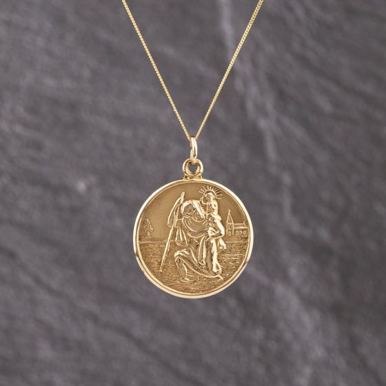 Second Hand 9ct Yellow Gold St Christopher Pendant & 18 Inch Curb Chain 41143310