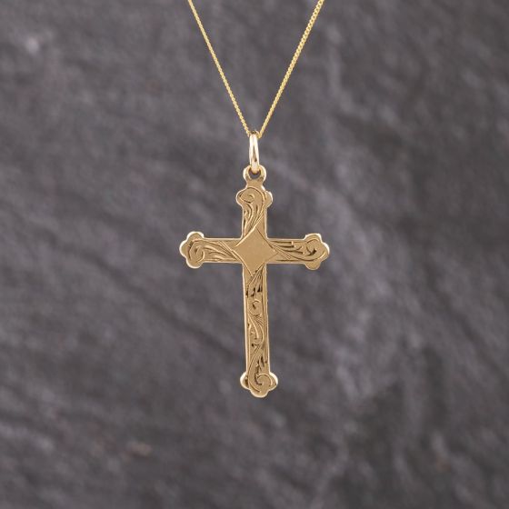 Second Hand 9ct Yellow Gold Engraved Cross Pendant & 18 Inch Curb Chain 41143316