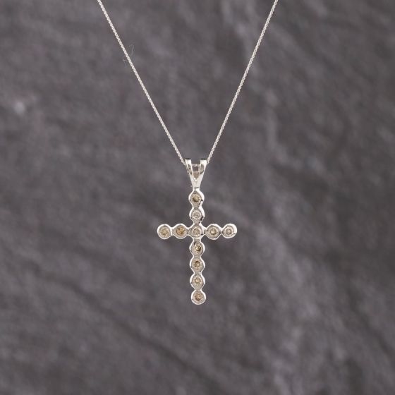 Second Hand White Gold Diamond Rubover Cross Pendant & 18 Inch Curb Chain 41143324