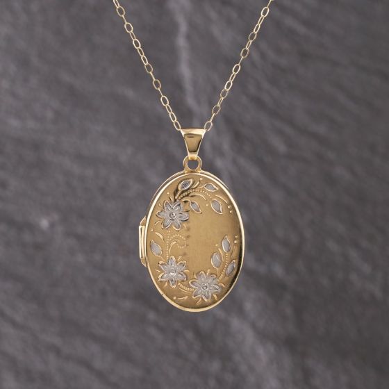 Second Hand 9ct Two Colour Gold Oval Flower Patterned Locket Pendant & 18 Inch Curb Chain 41143326