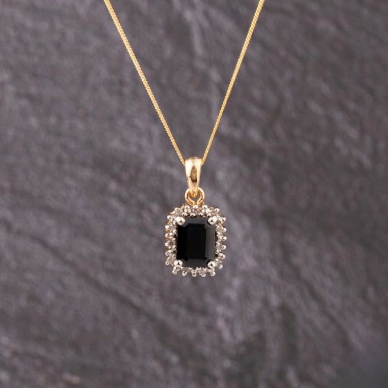 Second Hand 9ct Yellow Gold Sapphire Square Gemstone Pendant & 18 Inch Curb Chain 41143328