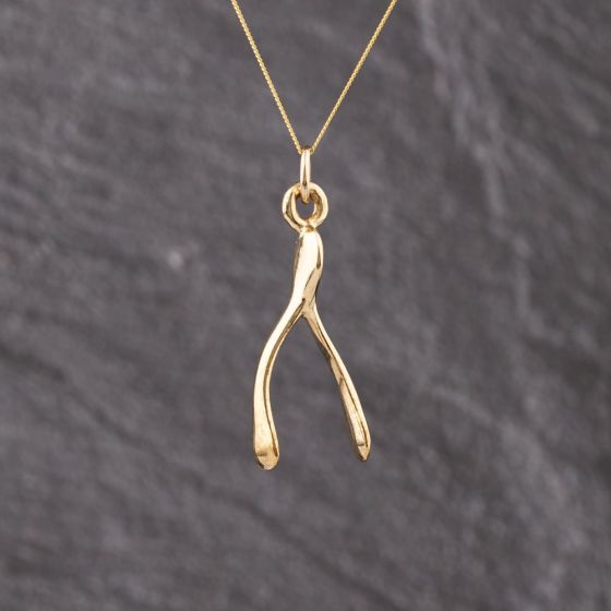 Second Hand 9ct Yellow Gold Wishbone Pendant & 18 Inch Curb Chain 41143336