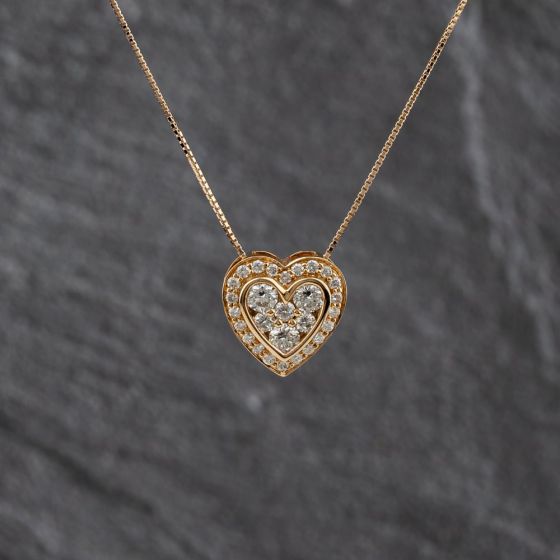 Second Hand 18ct Rose Gold 1.00ct Brilliant Cut Diamond Heart Cluster Pendant & 16-18 Inch Box Chain 41143342