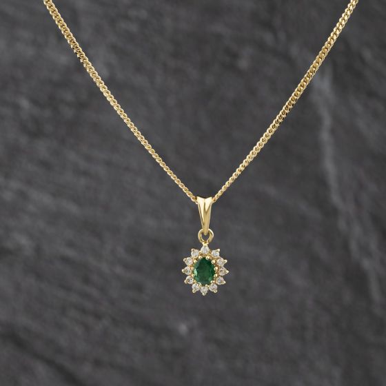 Second Hand 18ct Yellow Gold Emerald & 0.54ct Diamond Jewellery Set - Oval Stud Earrings & Pendant With 16 Inch Curb Chain 41143346