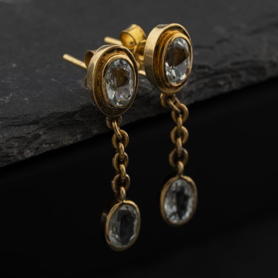Second Hand Yellow Gold Aquamarine & Cubic Zirconia Jewellery Set - Dropper Earrings & Pendant With 14 Inch Trace Chain 41143347