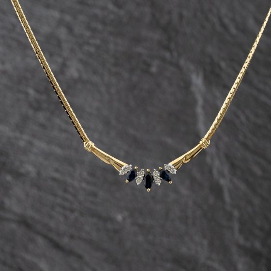 Second Hand 18ct Yellow Gold Sapphire & 0.15ct Diamond Set Bar Pendant & 16 Inch Curb Chain 41143352