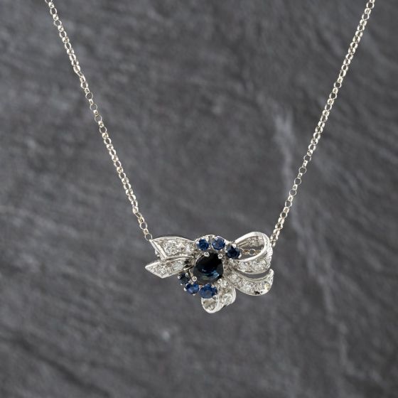 Second Hand 14ct White Gold Sapphire & 0.82ct Brilliant Cut Diamond Fancy Bow Pendant & 16 Inch Belcher Chain 41143353