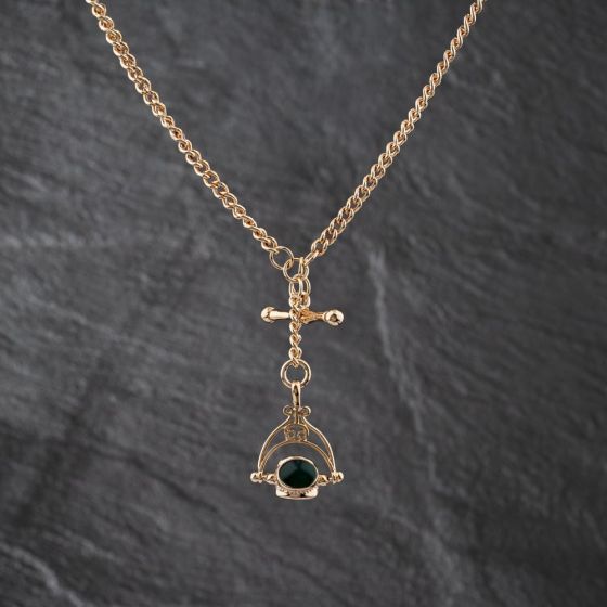 Second Hand Vintage Rose Gold Multi Stone Double Albert & Swivel Charm T-Bar Pendant & 18 Inch Curb Chain 41143354