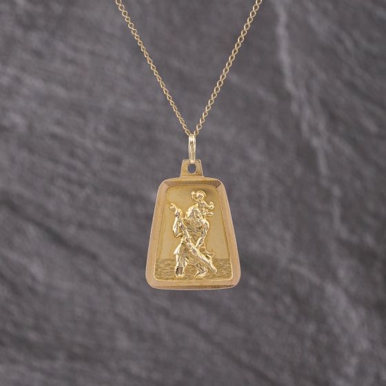 Second Hand 9ct Yellow Gold Oblong St Christopher Pendant & 18 Inch Curb Chain 41143358