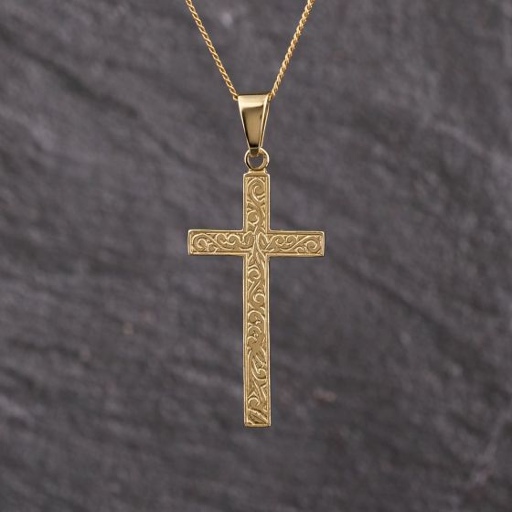 Second Hand 18ct Yellow Gold Patterned Cross Pendant & 18 Inch Curb Chain 41143363
