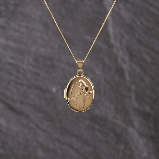 Second Hand 9ct Yellow Gold Oval Daughter Locket Pendant & 18 Inch Curb Chain 41143364