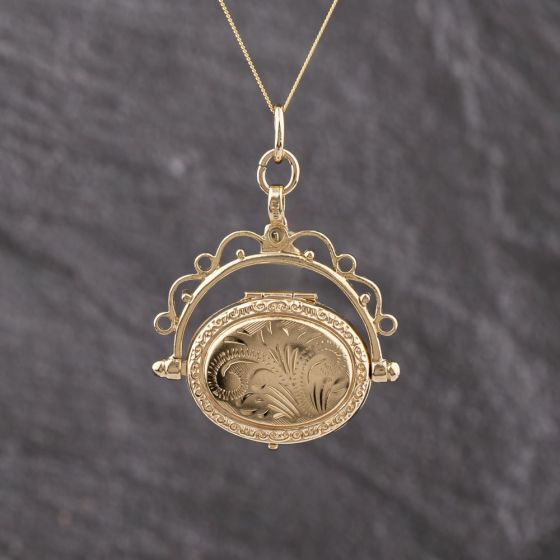 Second Hand 9ct Yellow Gold Swivel Oval Engraved Locket Pendant & 18 Inch Curb Chain 41143366