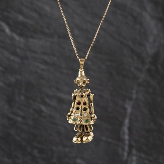 Second Hand 9ct Yellow Gold Multi Stone Clown Pendant & 20 Inch Curb Chain 41143370