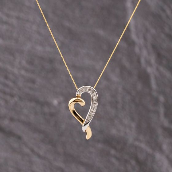 Second Hand Two Colour Gold Diamond Open Heart Pendant & 18 Inch Curb Chain 41143371