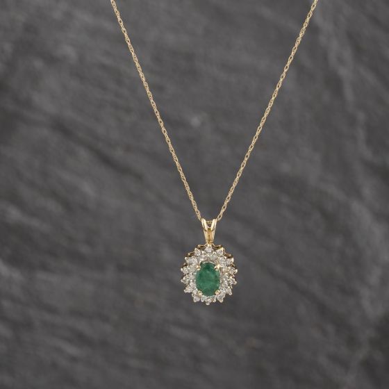 Second Hand 9ct Yellow Gold Emerald & Diamond Oval Pendant & 18 Inch Prince Of Wales Chain 41143373