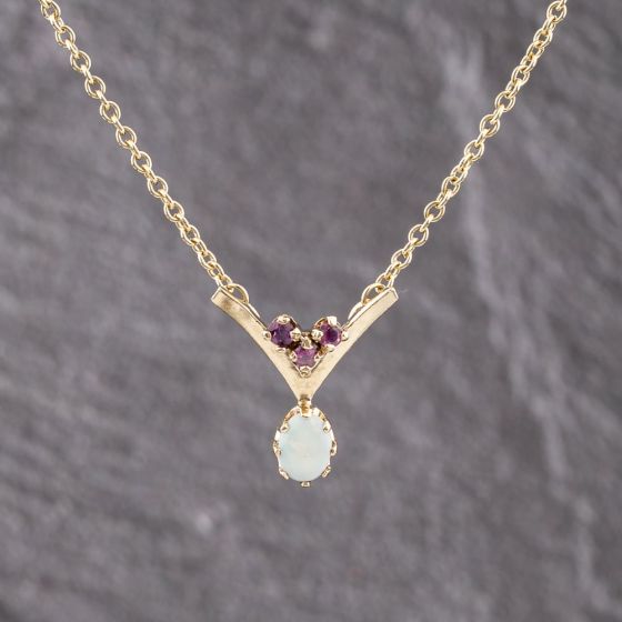 Second Hand 9ct Yellow Gold Ruby & Opal V Shape Pendant & 16 Inch Belcher Chain 41143374
