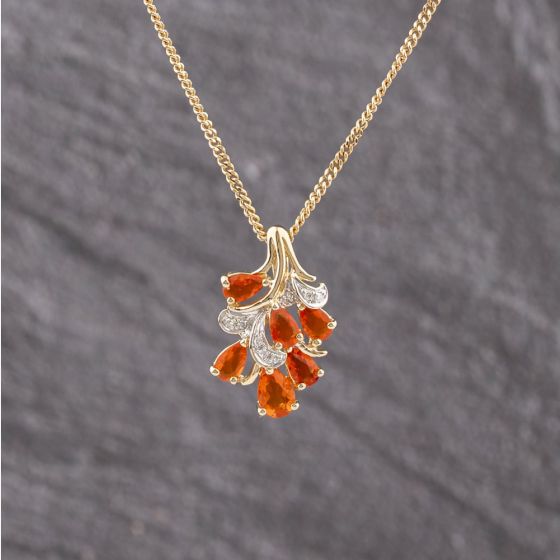 Second Hand 9ct Two Colour Gold Fire Opal & 0.04ct Diamond Cluster Pendant & 24 Inch Curb Chain 41143375