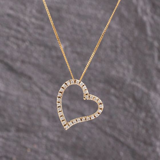 Second Hand Yellow Gold Cubic Zirconia Open Heart Pendant & 18 Inch Curb Chain 41143376