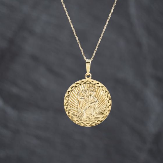 Second Hand 9ct Yellow Gold Circular Faceted Edge St Christopher Pendant & 18 Inch Prince Of Wales Chain 41143385