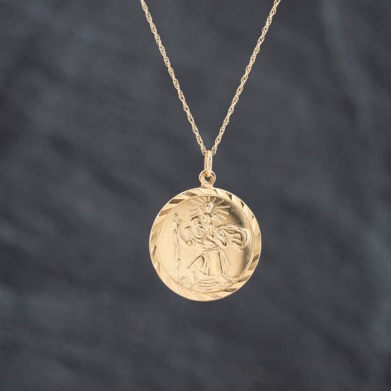 Second Hand 9ct Yellow Gold Circular Faceted Edge St Christopher Pendant & 18 Inch Prince Of Wales Chain 41143386