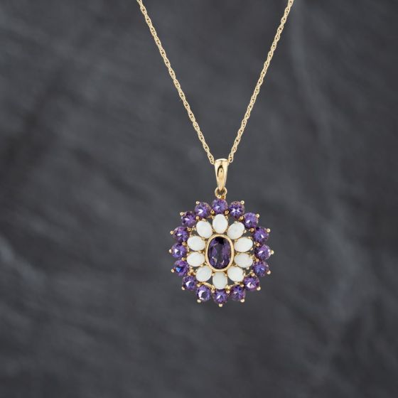 Second Hand 9ct Yellow Gold Amethyst & Opal Halo Cluster Pendant & 18 Inch Prince Of Wales Chain 41143398