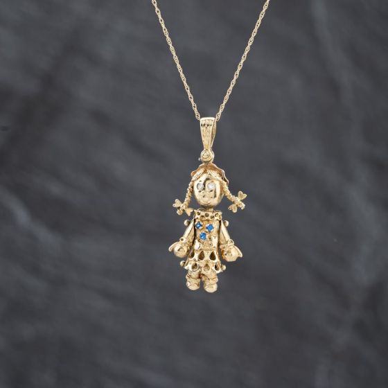 Second Hand 9ct Yellow Gold Multi Stone Articulating Ragdoll Pendant & 18 Inch Prince Of Wales Chain 41143407